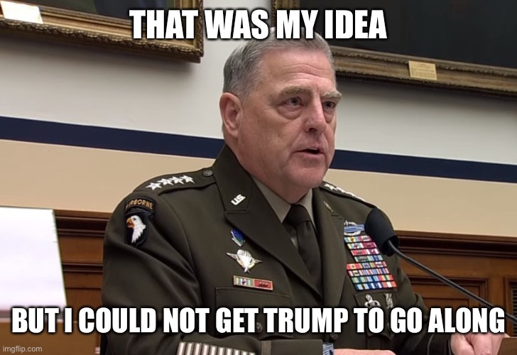 General Mark Milley | THAT WAS MY IDEA BUT I COULD NOT GET TRUMP TO GO ALONG | image tagged in general mark milley | made w/ Imgflip meme maker