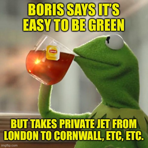 Kermit fights back | BORIS SAYS IT’S EASY TO BE GREEN; BUT TAKES PRIVATE JET FROM LONDON TO CORNWALL, ETC, ETC. | image tagged in but that's none of my business,kermit the frog,boris johnson,environmental | made w/ Imgflip meme maker