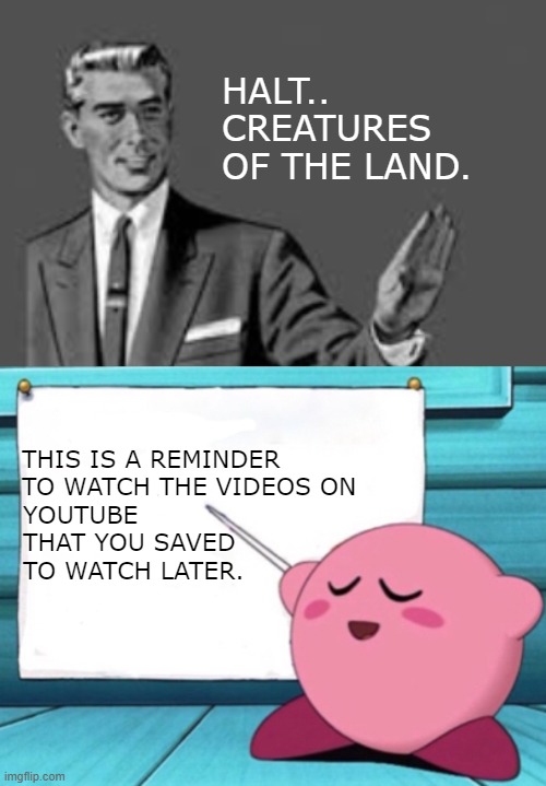 because yes. | HALT.. CREATURES OF THE LAND. THIS IS A REMINDER TO WATCH THE VIDEOS ON; YOUTUBE THAT YOU SAVED TO WATCH LATER. | image tagged in kirby's lesson,memes | made w/ Imgflip meme maker