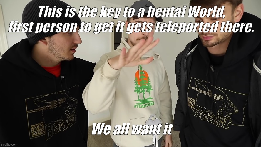 I know you want it, weebs | This is the key to a hentai World, first person to get it gets teleported there. We all want it | image tagged in mrbeast key drop,hentai,sus | made w/ Imgflip meme maker