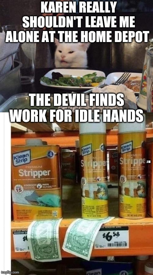 KAREN REALLY SHOULDN'T LEAVE ME ALONE AT THE HOME DEPOT; THE DEVIL FINDS WORK FOR IDLE HANDS; J M | image tagged in salad cat | made w/ Imgflip meme maker