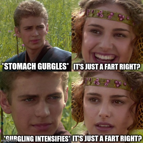 Anakin Padme 4 Panel | *STOMACH GURGLES*; IT'S JUST A FART RIGHT? IT'S JUST A FART RIGHT? *GURGLING INTENSIFIES* | image tagged in anakin padme 4 panel | made w/ Imgflip meme maker