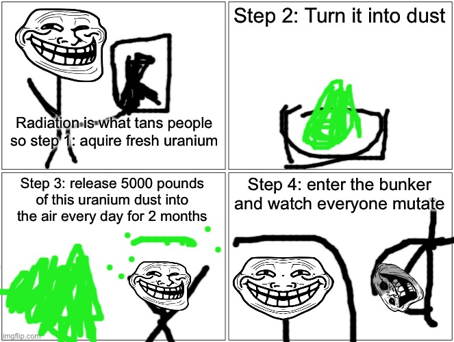 My entry | Step 2: Turn it into dust; Radiation is what tans people so step 1: aquire fresh uranium; Step 3: release 5000 pounds of this uranium dust into the air every day for 2 months; Step 4: enter the bunker and watch everyone mutate | image tagged in memes,blank comic panel 2x2,trollgecontest | made w/ Imgflip meme maker