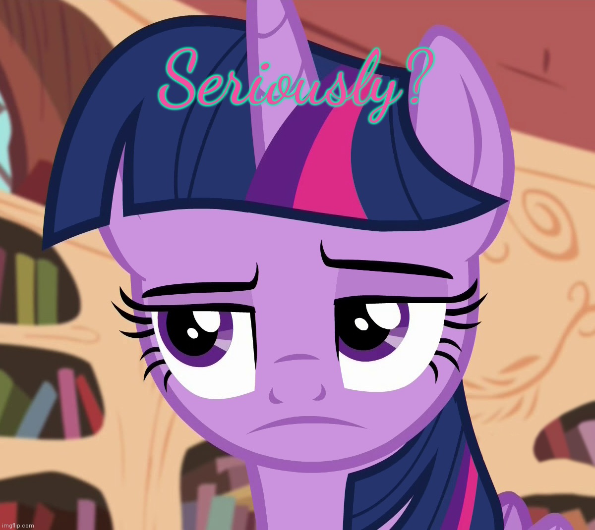 Unamused Twilight Sparkle (MLP) | Seriously? | image tagged in unamused twilight sparkle mlp | made w/ Imgflip meme maker