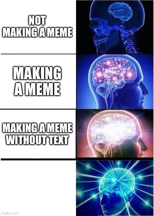 You get it | NOT MAKING A MEME; MAKING A MEME; MAKING A MEME WITHOUT TEXT | image tagged in memes,expanding brain,omg,impossible | made w/ Imgflip meme maker