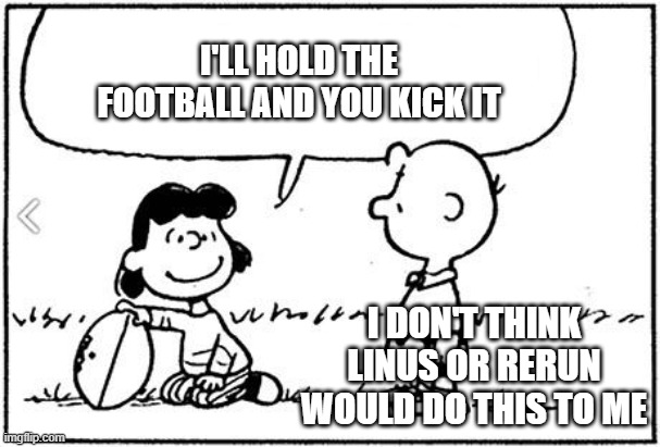 The questioning of the Van Pelt heritage |  I'LL HOLD THE FOOTBALL AND YOU KICK IT; I DON'T THINK LINUS OR RERUN WOULD DO THIS TO ME | image tagged in charlie brown football | made w/ Imgflip meme maker