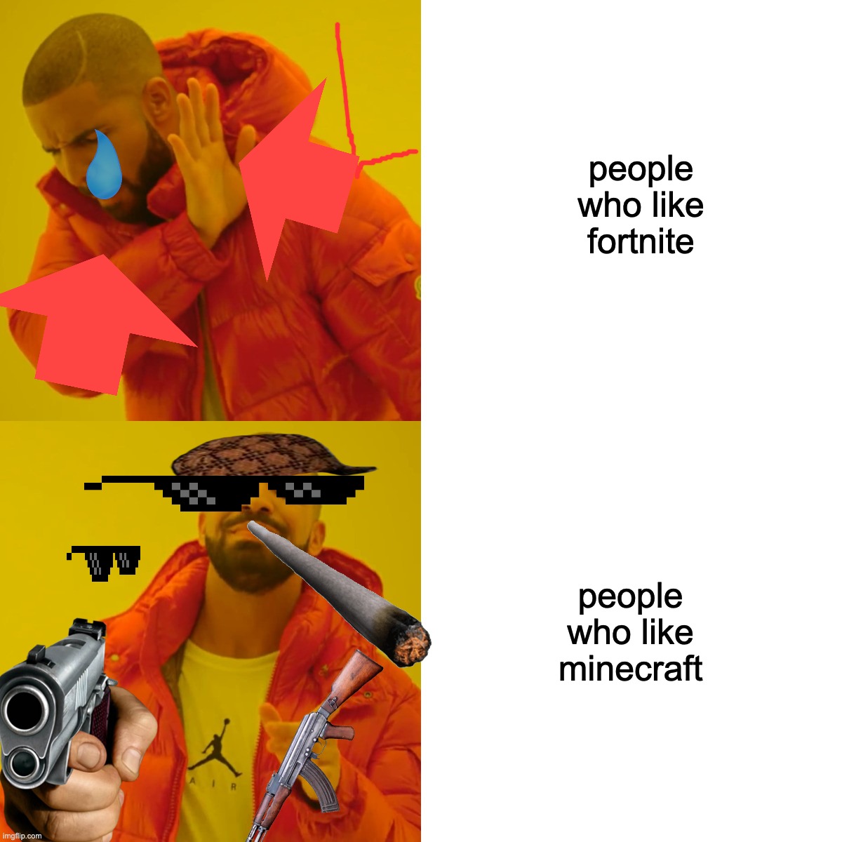 people who like fortnite people who like minecraft | image tagged in memes,drake hotline bling | made w/ Imgflip meme maker