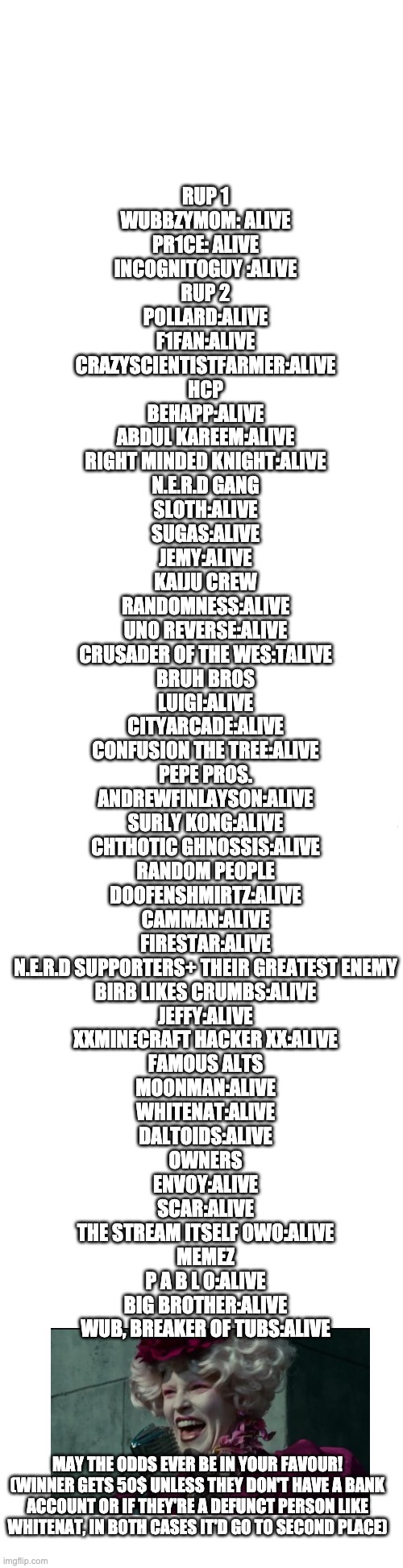 Long blank white | RUP 1
WUBBZYMOM: ALIVE
PR1CE: ALIVE
INCOGNITOGUY :ALIVE
RUP 2
POLLARD:ALIVE
F1FAN:ALIVE
CRAZYSCIENTISTFARMER:ALIVE
HCP
BEHAPP:ALIVE
ABDUL KAREEM:ALIVE
RIGHT MINDED KNIGHT:ALIVE
N.E.R.D GANG
SLOTH:ALIVE
SUGAS:ALIVE
JEMY:ALIVE
KAIJU CREW
RANDOMNESS:ALIVE
UNO REVERSE:ALIVE
CRUSADER OF THE WES:TALIVE
BRUH BROS
LUIGI:ALIVE
CITYARCADE:ALIVE
CONFUSION THE TREE:ALIVE
PEPE PROS.
ANDREWFINLAYSON:ALIVE
SURLY KONG:ALIVE
CHTHOTIC GHNOSSIS:ALIVE
RANDOM PEOPLE
DOOFENSHMIRTZ:ALIVE
CAMMAN:ALIVE
FIRESTAR:ALIVE
N.E.R.D SUPPORTERS+ THEIR GREATEST ENEMY
BIRB LIKES CRUMBS:ALIVE
JEFFY:ALIVE
XXMINECRAFT HACKER XX:ALIVE
FAMOUS ALTS
MOONMAN:ALIVE
WHITENAT:ALIVE
DALTOIDS:ALIVE
OWNERS
ENVOY:ALIVE
SCAR:ALIVE
THE STREAM ITSELF OWO:ALIVE
MEMEZ
P A B L O:ALIVE
BIG BROTHER:ALIVE
WUB, BREAKER OF TUBS:ALIVE; MAY THE ODDS EVER BE IN YOUR FAVOUR! (WINNER GETS 50$ UNLESS THEY DON'T HAVE A BANK ACCOUNT OR IF THEY'RE A DEFUNCT PERSON LIKE WHITENAT, IN BOTH CASES IT'D GO TO SECOND PLACE) | image tagged in long blank white | made w/ Imgflip meme maker