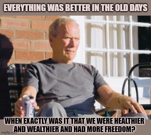 When exactly was it that we were healthier and wealthier and had more freedom? | EVERYTHING WAS BETTER IN THE OLD DAYS; WHEN EXACTLY WAS IT THAT WE WERE HEALTHIER
AND WEALTHIER AND HAD MORE FREEDOM? | image tagged in grumpy,good old days,freedom,health,wealth | made w/ Imgflip meme maker