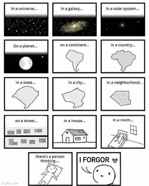 ? |  I FORGOR 💀 | image tagged in in a universe in a galaxy person thinking,i forgot,new meme,upvote,comics/cartoons,memes | made w/ Imgflip meme maker