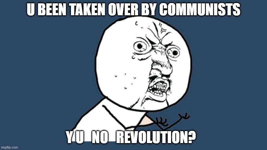y you no | U BEEN TAKEN OVER BY COMMUNISTS; Y U   NO   REVOLUTION? | image tagged in y you no | made w/ Imgflip meme maker