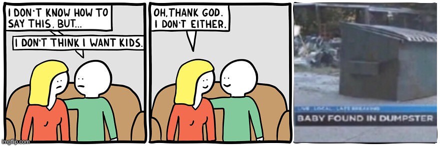 the alternative for getting rid of kids you don’t want | image tagged in baby found in dumpster,funny,comics/cartoons,dark humor,kids,adults | made w/ Imgflip meme maker