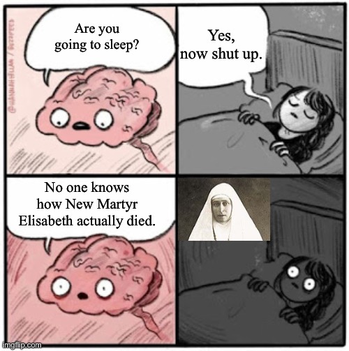What do you call a nun who has been dead for three months, but has yet to decompose? New Martyr Elisabeth. | Yes, now shut up. Are you going to sleep? No one knows how New Martyr Elisabeth actually died. | image tagged in brain before sleep,memes,funny,history,russia | made w/ Imgflip meme maker