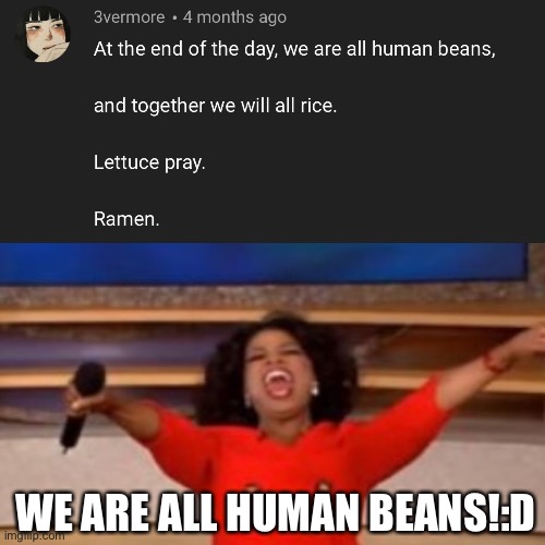 Yes Oprah I agree we are human beans | WE ARE ALL HUMAN BEANS!:D | image tagged in oprah you get a,beans,human,lettuce,pray,ramen | made w/ Imgflip meme maker