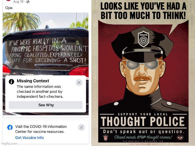 Too Much to Think | image tagged in thought police,coronavirus,pandemic,facebook | made w/ Imgflip meme maker