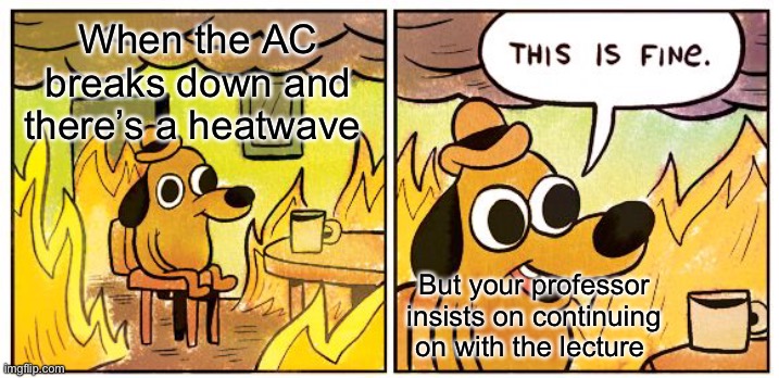 This Is Fine Meme | When the AC breaks down and there’s a heatwave; But your professor insists on continuing on with the lecture | image tagged in memes,this is fine | made w/ Imgflip meme maker