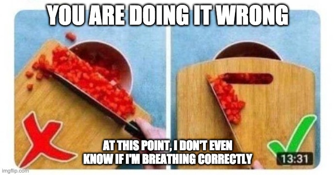 5 minute crafts | YOU ARE DOING IT WRONG; AT THIS POINT, I DON'T EVEN KNOW IF I'M BREATHING CORRECTLY | image tagged in life hack | made w/ Imgflip meme maker