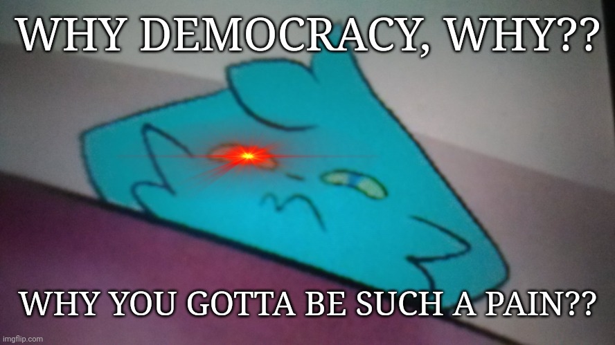 RetroFurry concerned | WHY DEMOCRACY, WHY?? WHY YOU GOTTA BE SUCH A PAIN?? | image tagged in retrofurry concerned | made w/ Imgflip meme maker