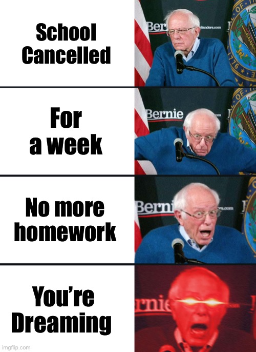 Bernie Sanders reaction (nuked) |  School Cancelled; For a week; No more homework; You’re Dreaming | image tagged in bernie sanders reaction nuked | made w/ Imgflip meme maker