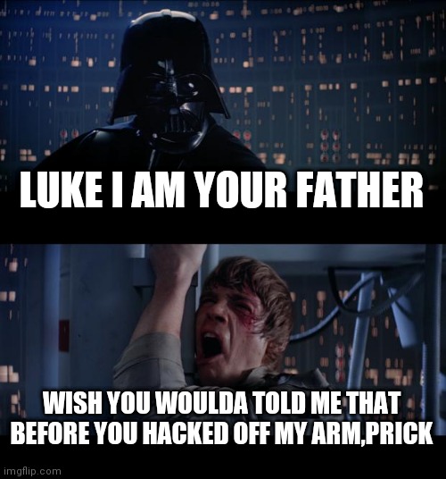 Star Wars No |  LUKE I AM YOUR FATHER; WISH YOU WOULDA TOLD ME THAT BEFORE YOU HACKED OFF MY ARM,PRICK | image tagged in memes,star wars no | made w/ Imgflip meme maker