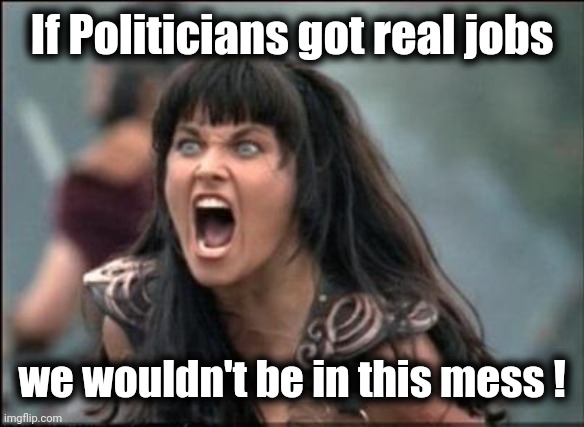 Angry Xena | If Politicians got real jobs we wouldn't be in this mess ! | image tagged in angry xena | made w/ Imgflip meme maker