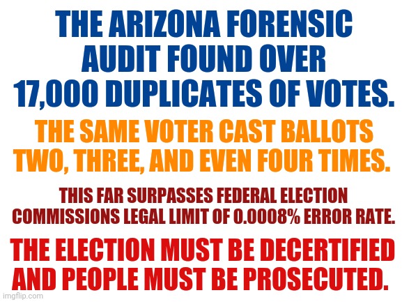 Trump won. Save America. | THE ARIZONA FORENSIC AUDIT FOUND OVER 17,000 DUPLICATES OF VOTES. THE SAME VOTER CAST BALLOTS TWO, THREE, AND EVEN FOUR TIMES. THIS FAR SURPASSES FEDERAL ELECTION COMMISSIONS LEGAL LIMIT OF 0.0008% ERROR RATE. THE ELECTION MUST BE DECERTIFIED AND PEOPLE MUST BE PROSECUTED. | image tagged in memes | made w/ Imgflip meme maker