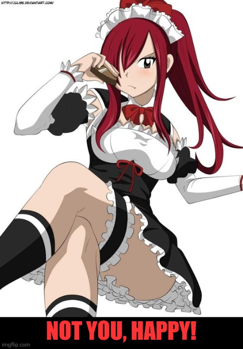 Maid erza scarlet fairy tail | NOT YOU, HAPPY! | image tagged in maid erza scarlet fairy tail | made w/ Imgflip meme maker