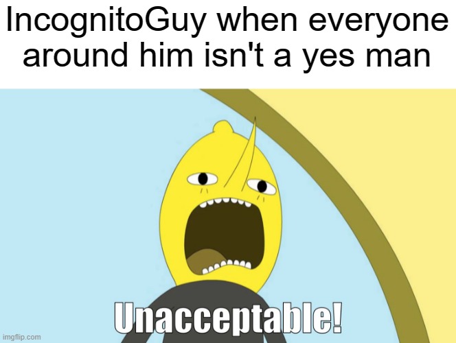 Mod abuse is an impeachable offense | IncognitoGuy when everyone around him isn't a yes man | image tagged in unacceptable | made w/ Imgflip meme maker