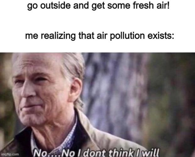 air pollustion | go outside and get some fresh air! me realizing that air pollution exists: | image tagged in no i don't think i will | made w/ Imgflip meme maker