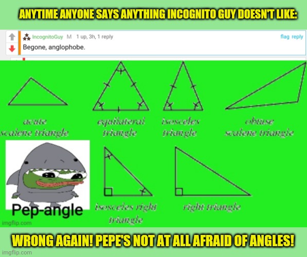 Sophisticated political satire | ANYTIME ANYONE SAYS ANYTHING INCOGNITO GUY DOESN'T LIKE:; WRONG AGAIN! PEPE'S NOT AT ALL AFRAID OF ANGLES! | image tagged in triangle,pepe the frog,dipsticks,political meme | made w/ Imgflip meme maker