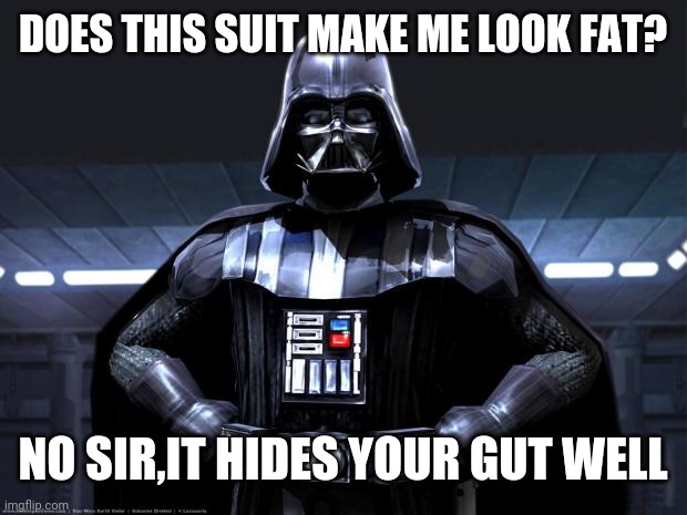 Darth Vader |  DOES THIS SUIT MAKE ME LOOK FAT? NO SIR,IT HIDES YOUR GUT WELL | image tagged in darth vader | made w/ Imgflip meme maker