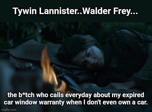 Arya's kill list | Tywin Lannister..Walder Frey... the b*tch who calls everyday about my expired car window warranty when I don't even own a car. | image tagged in arya stark's kill list,spam,telemarketer,harassment,justice,parody | made w/ Imgflip meme maker
