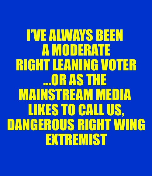 They demonize anyone that doesn’t drink their Kool Aide | I’VE ALWAYS BEEN 
A MODERATE
RIGHT LEANING VOTER
…OR AS THE 
MAINSTREAM MEDIA 
LIKES TO CALL US,
DANGEROUS RIGHT WING
EXTREMIST | image tagged in blank blue - large,mainstream media | made w/ Imgflip meme maker