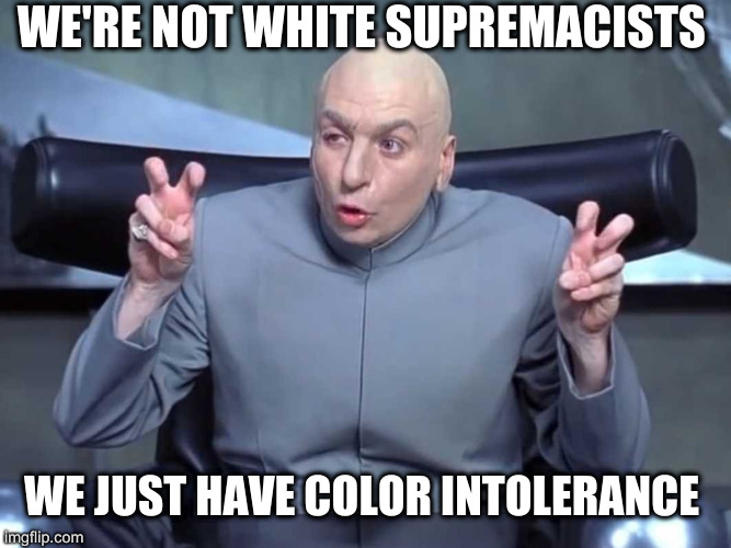 Dr Evil air quotes | WE'RE NOT WHITE SUPREMACISTS; WE JUST HAVE COLOR INTOLERANCE | image tagged in dr evil air quotes | made w/ Imgflip meme maker