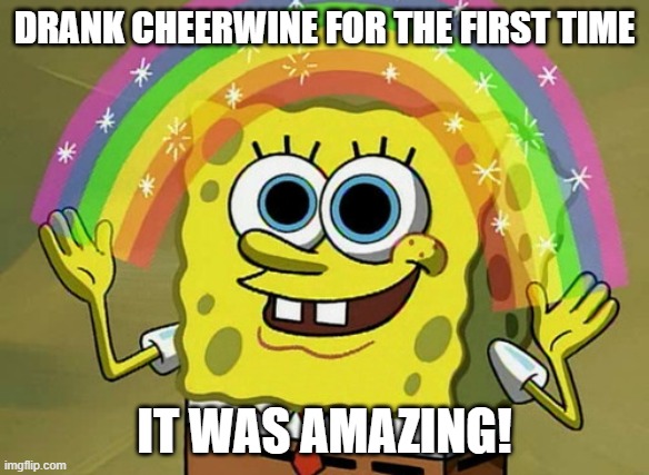 First time drinking Cheerwine | DRANK CHEERWINE FOR THE FIRST TIME; IT WAS AMAZING! | image tagged in imagination spongebob,cheerwine,bliss | made w/ Imgflip meme maker