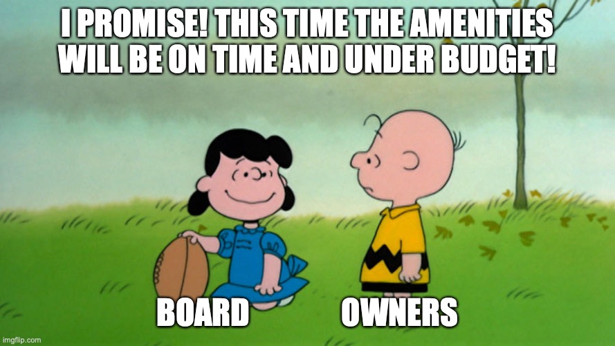 I PROMISE! THIS TIME THE AMENITIES WILL BE ON TIME AND UNDER BUDGET! BOARD               OWNERS | image tagged in lucy with football | made w/ Imgflip meme maker