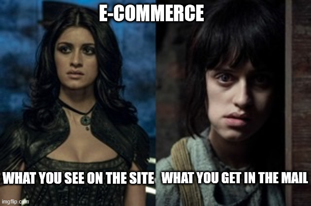 E-commerce | E-COMMERCE; WHAT YOU SEE ON THE SITE; WHAT YOU GET IN THE MAIL | image tagged in yennefer | made w/ Imgflip meme maker