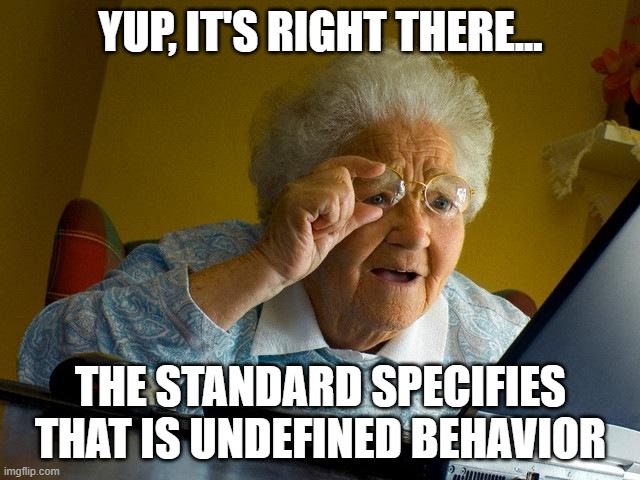 Undefined Behavior | YUP, IT'S RIGHT THERE... THE STANDARD SPECIFIES THAT IS UNDEFINED BEHAVIOR | image tagged in memes,grandma finds the internet | made w/ Imgflip meme maker