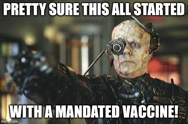 borg force vaccine | PRETTY SURE THIS ALL STARTED; WITH A MANDATED VACCINE! | image tagged in borg | made w/ Imgflip meme maker
