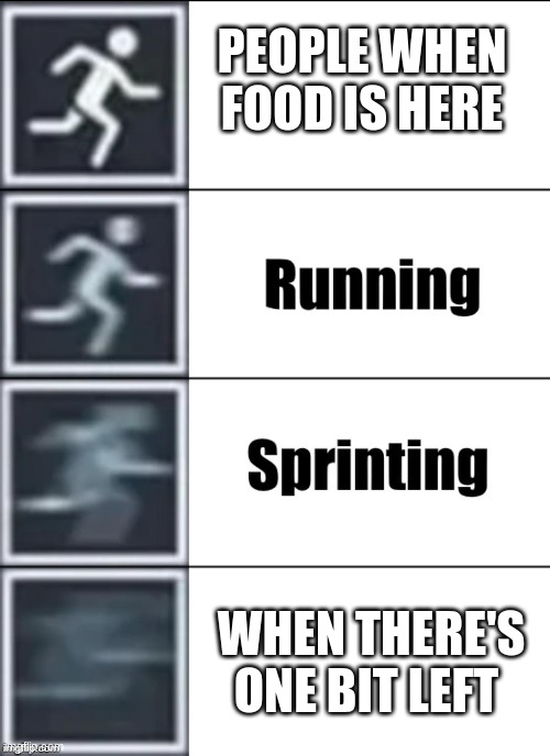 Very Fast | PEOPLE WHEN FOOD IS HERE; WHEN THERE'S ONE BIT LEFT | image tagged in very fast | made w/ Imgflip meme maker