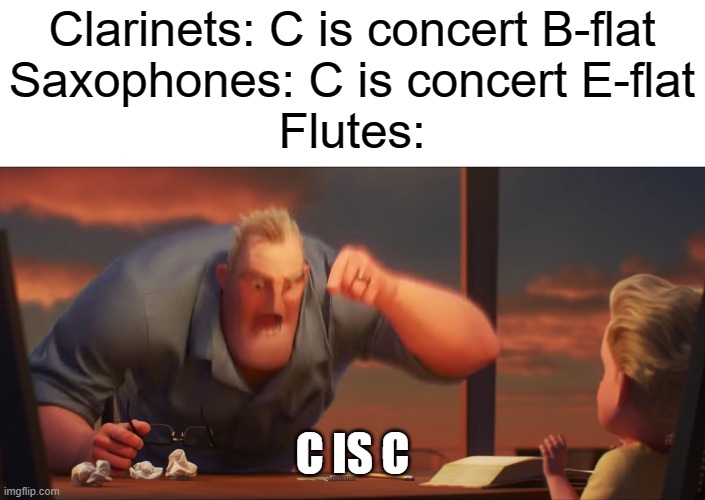 Instruments be like | Clarinets: C is concert B-flat
Saxophones: C is concert E-flat
Flutes:; C IS C | image tagged in math is math | made w/ Imgflip meme maker