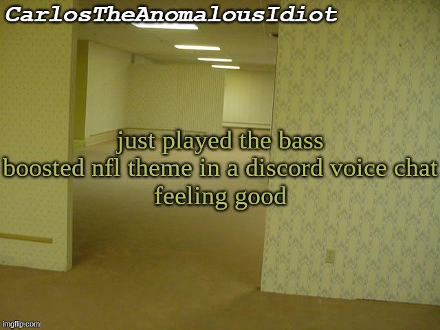' | just played the bass boosted nfl theme in a discord voice chat
feeling good | made w/ Imgflip meme maker