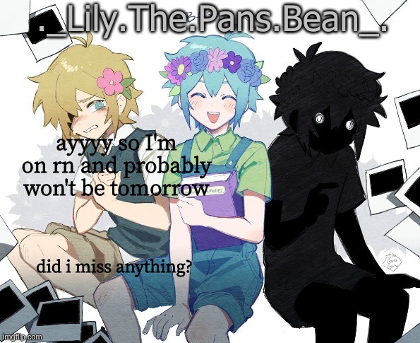 ayyyy so I'm on rn and probably won't be tomorrow; did i miss anything? | image tagged in lily's second basil temp thanks bean | made w/ Imgflip meme maker