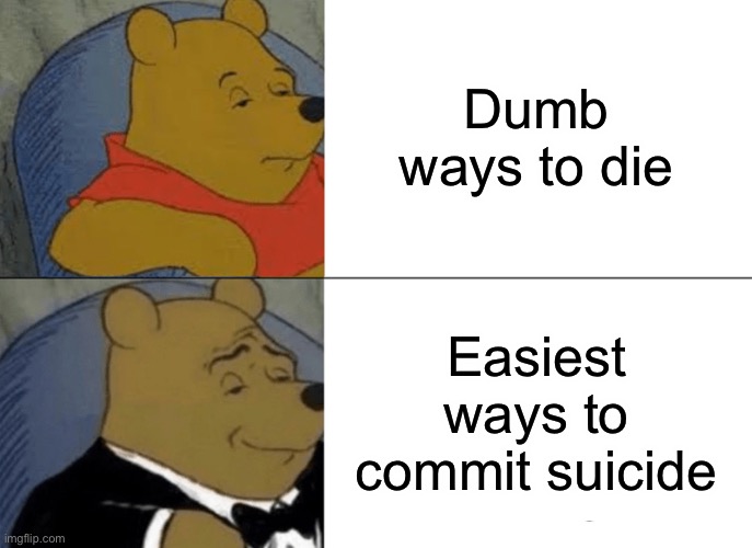 Tuxedo Winnie The Pooh Meme | Dumb ways to die; Easiest ways to commit suicide | image tagged in memes,tuxedo winnie the pooh,suicide,dark humor,death | made w/ Imgflip meme maker