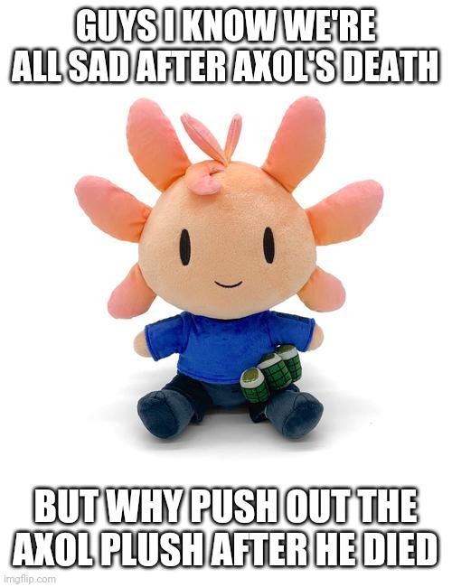 But why tho | GUYS I KNOW WE'RE ALL SAD AFTER AXOL'S DEATH; BUT WHY PUSH OUT THE AXOL PLUSH AFTER HE DIED | image tagged in smg4,genesis arc,axol,merchandise,plush | made w/ Imgflip meme maker