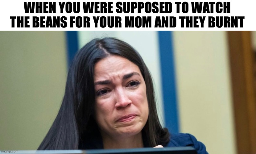 AOC |  WHEN YOU WERE SUPPOSED TO WATCH THE BEANS FOR YOUR MOM AND THEY BURNT | image tagged in aoc | made w/ Imgflip meme maker