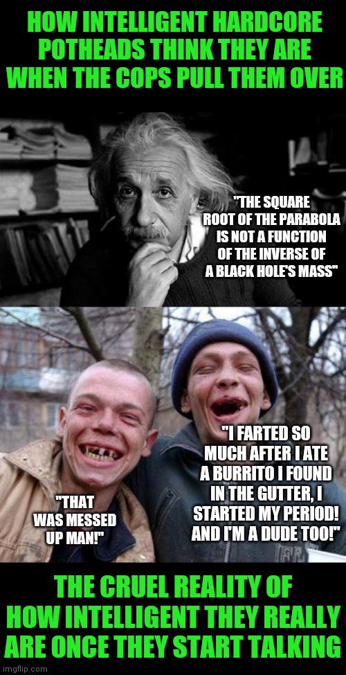 Cops arresting potheads........thouse videos on youtube are so funny. |  HOW INTELLIGENT HARDCORE POTHEADS THINK THEY ARE WHEN THE COPS PULL THEM OVER; "THE SQUARE ROOT OF THE PARABOLA IS NOT A FUNCTION OF THE INVERSE OF A BLACK HOLE'S MASS"; "I FARTED SO MUCH AFTER I ATE A BURRITO I FOUND IN THE GUTTER, I STARTED MY PERIOD! AND I'M A DUDE TOO!"; "THAT WAS MESSED UP MAN!"; THE CRUEL REALITY OF HOW INTELLIGENT THEY REALLY ARE ONCE THEY START TALKING | image tagged in albert einstein,no teeth,pot,cops,expectation vs reality | made w/ Imgflip meme maker