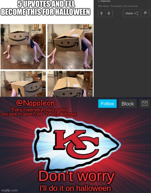 I promise everyone | Don't worry; I'll do it on halloween | image tagged in napoleon's chiefs temp | made w/ Imgflip meme maker