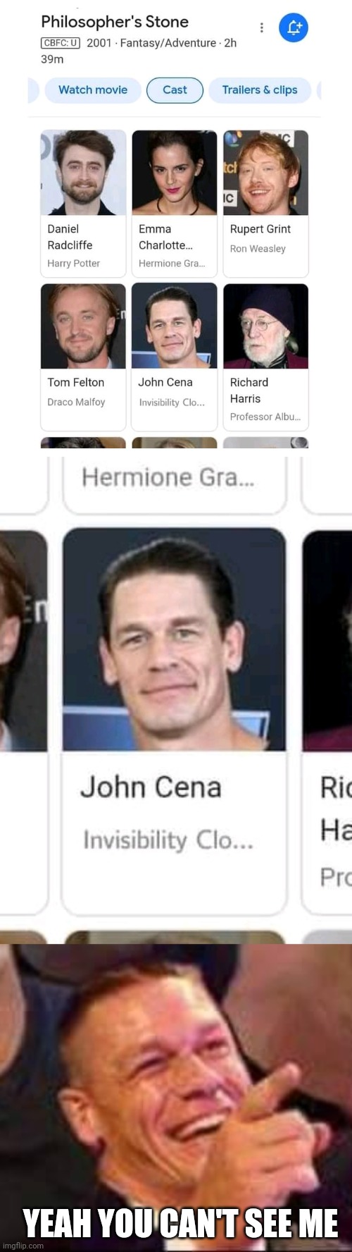 THE PERFECT ACTOR FOR THE PART |  YEAH YOU CAN'T SEE ME | image tagged in john cena laughing,harry potter,john cena,you can't see me | made w/ Imgflip meme maker