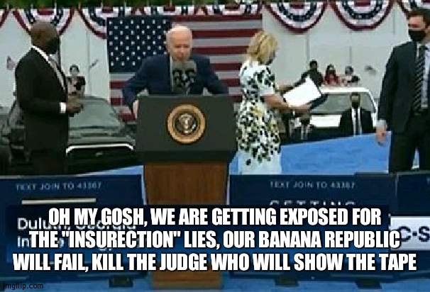 The Democrats will see some consquences for lying | OH MY GOSH, WE ARE GETTING EXPOSED FOR THE "INSURECTION" LIES, OUR BANANA REPUBLIC WILL FAIL, KILL THE JUDGE WHO WILL SHOW THE TAPE | image tagged in biden panicks,politics | made w/ Imgflip meme maker